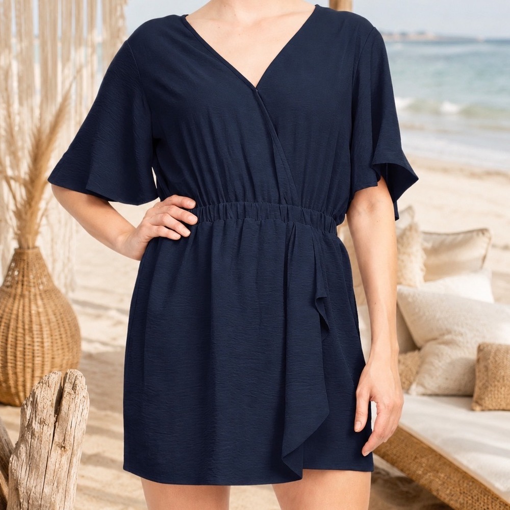 Emma & Michele Women's Navy Romper Flutter Sleeve Elastic Waist‎ Medium